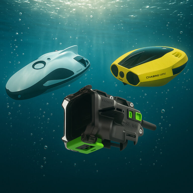 水下无人机对比图，展示了 CHASING Dory 和 PowerRay，以及 Seavu Explorer 水下外壳。
