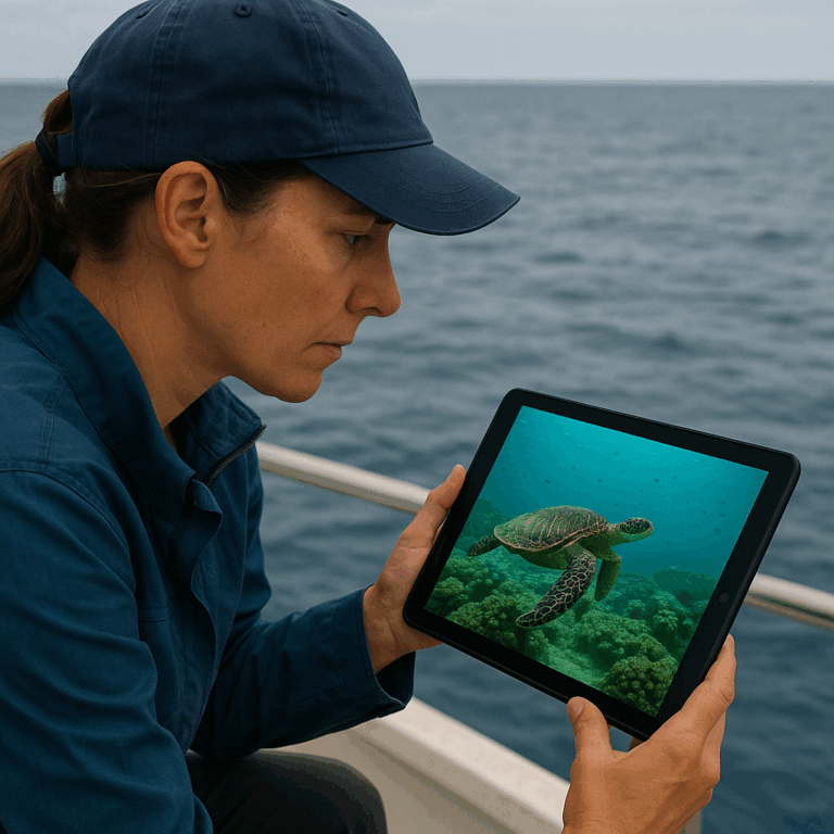 船上的海洋研究员通过平板电脑观察海龟的水下实时画面。