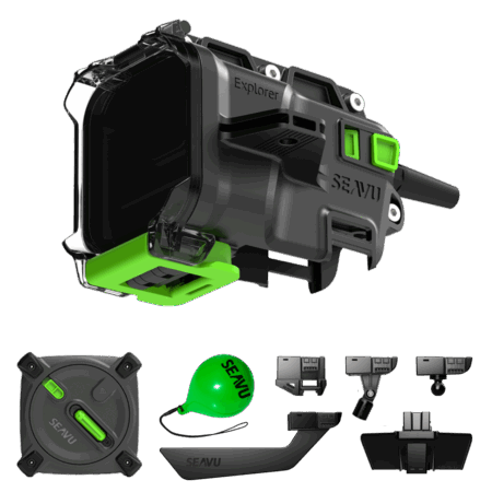 Seavu Explorer 探险套件，配备水下外壳、电缆卷轴以及用于钓鱼和研究的配件